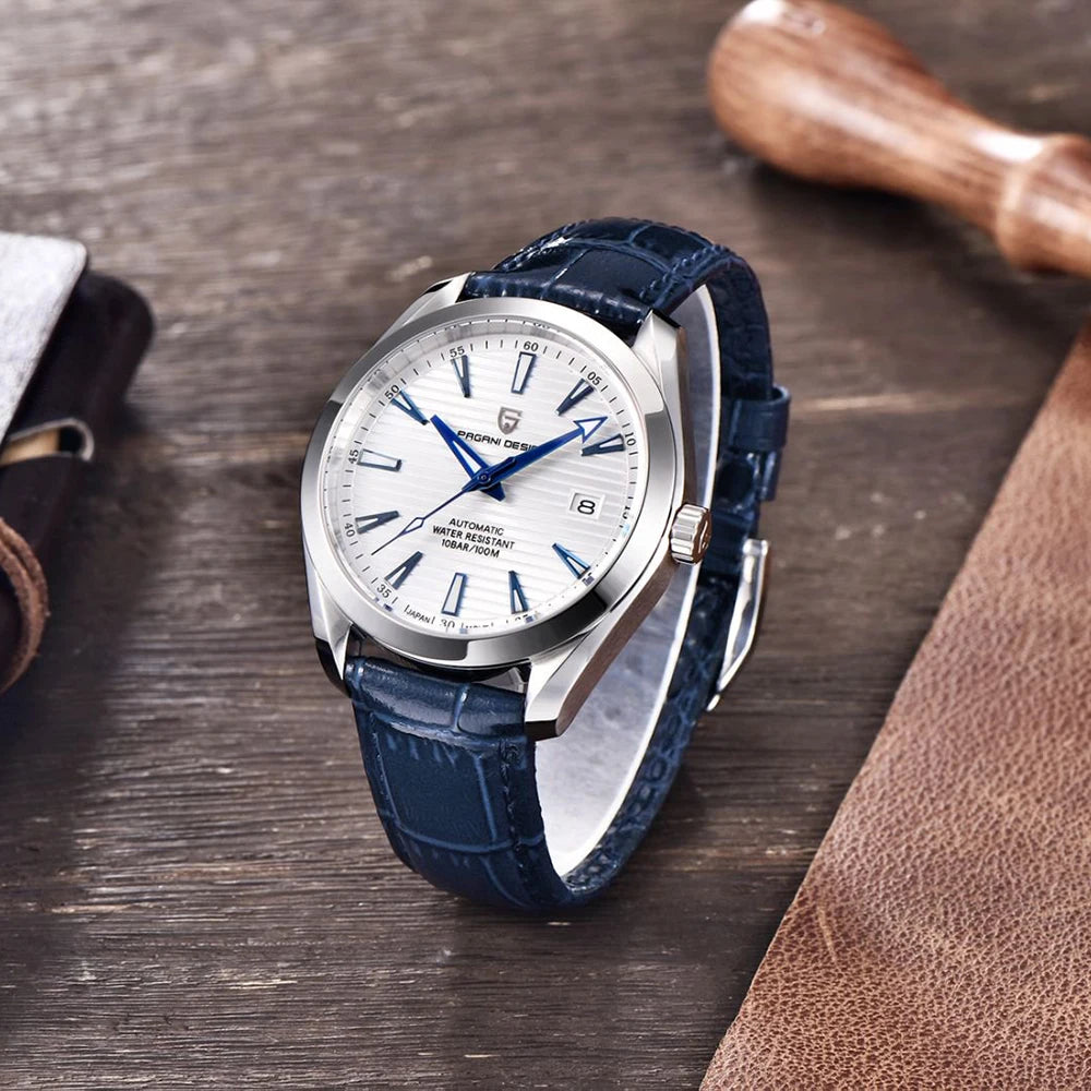 Luxusuhr für Herren von PAGANI DESIGN – Mechanisches Automatikmodell (Kaliber 8215), aus Edelstahl, wasserdicht, mit Datumsanzeige und leuchtenden Zeigern