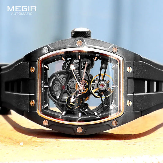 Relógio de pulso automático MEGIR para homem, com bracelete em silicone preto, impermeável, luminoso, desportivo e mecânico, com mostrador tonneau 2242