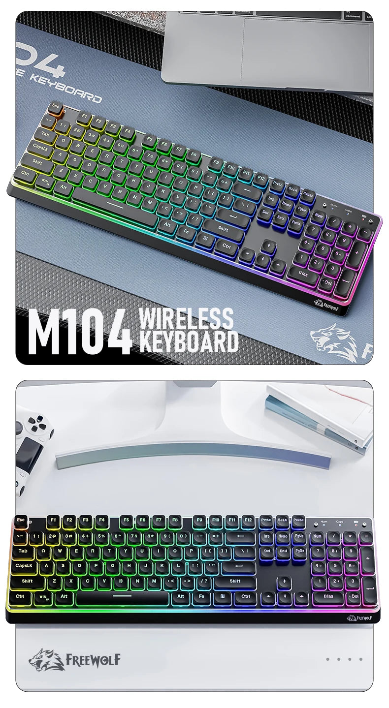 Freewolf M104 Tri-Mode Wireless Keyboard RGB 104 Keys Ultra Slim Quiet Membrane 4000mAh Large Battery for Office & Home