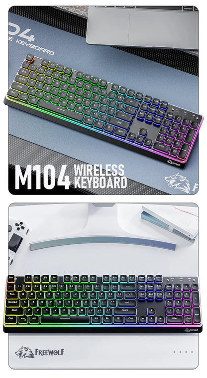 Freewolf M104 Tri-Mode Wireless Keyboard RGB 104 Keys Ultra Slim Quiet Membrane 4000mAh Large Battery for Office & Home