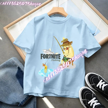 Camiseta azul de algodón para niños Fortress Night, manga corta, diseño kawaii de dibujos animados para niño y niña, ropa de verano, regalo