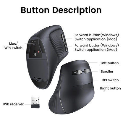 UGREEN Vertical Mouse Wireless Bluetooth 5.0 2.4G Ergonomic 4000DPI 6 Mute Buttons for MacBook Tablet Laptops Computer PC Mice