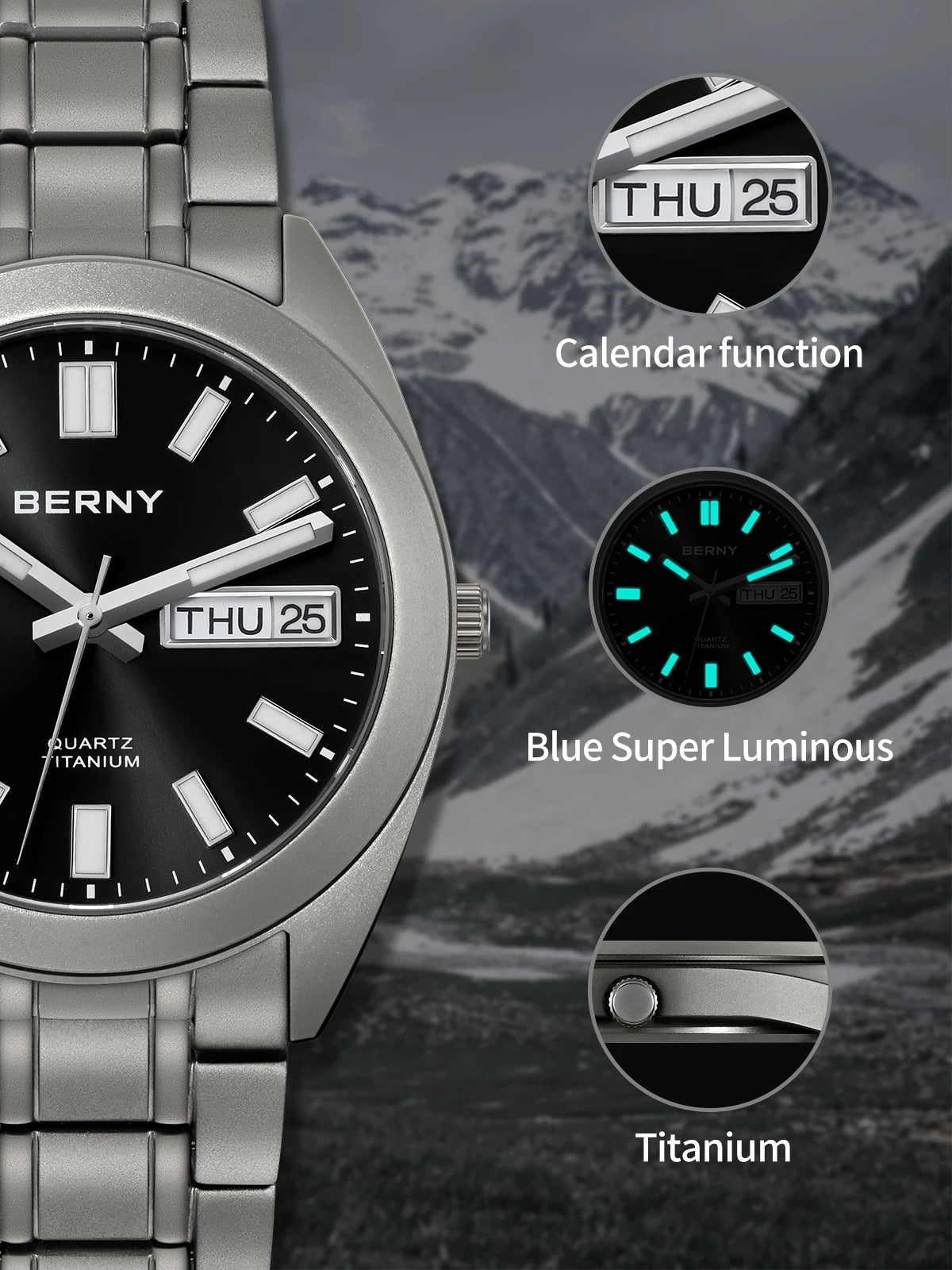 BERNY Titanium Watch for Men Super Light Weight Wristwatch Super Luminous Sapphire 10ATM Waterproof Sport Field Quartz Watches