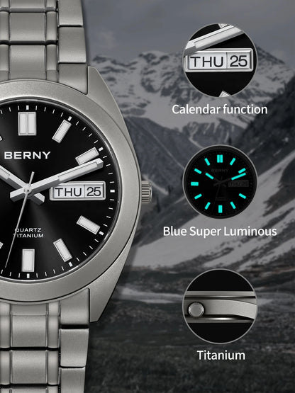 BERNY Titanium Watch for Men Super Light Weight Wristwatch Super Luminous Sapphire 10ATM Waterproof Sport Field Quartz Watches