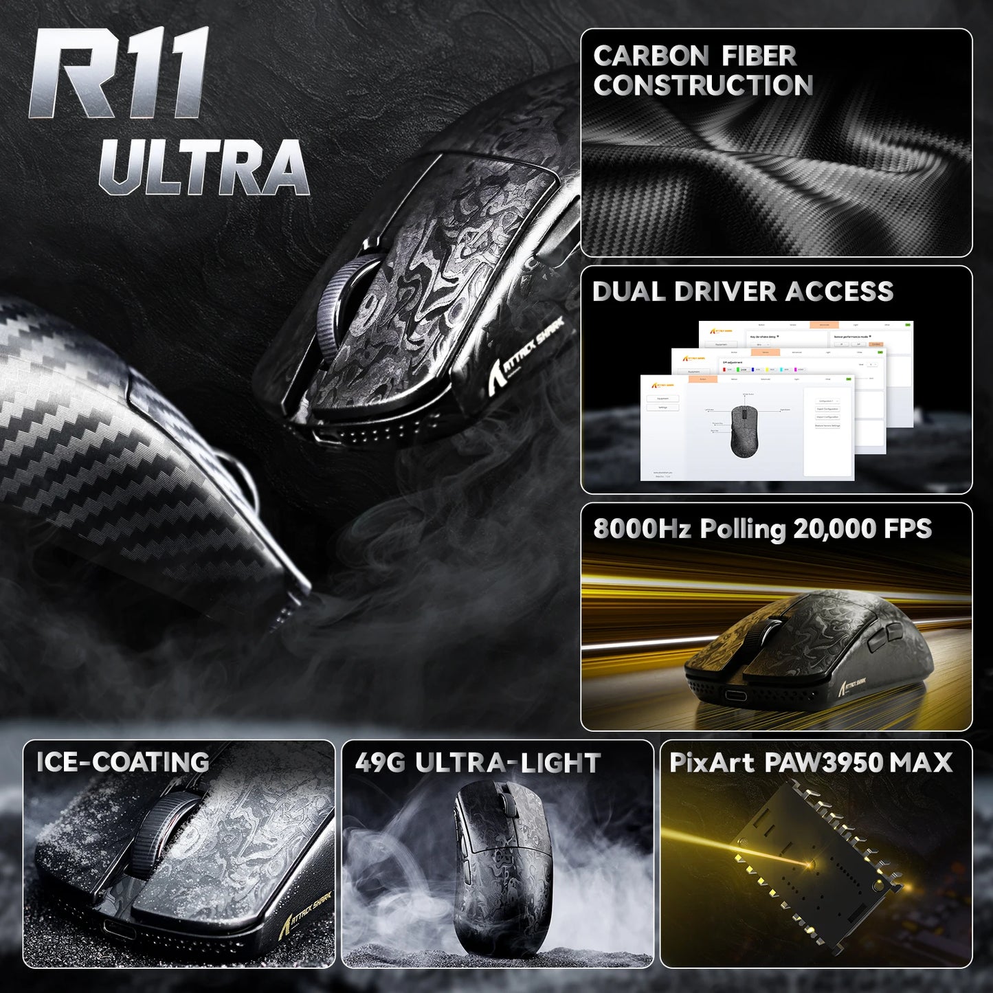 ATTACK SHARK R11 ULTRA brezžična gaming miška iz ogljikovih vlaken, 8000Hz, PAW3950MAX, 42000DPI, lahka 49g, 20000FPS, Nordic 52840