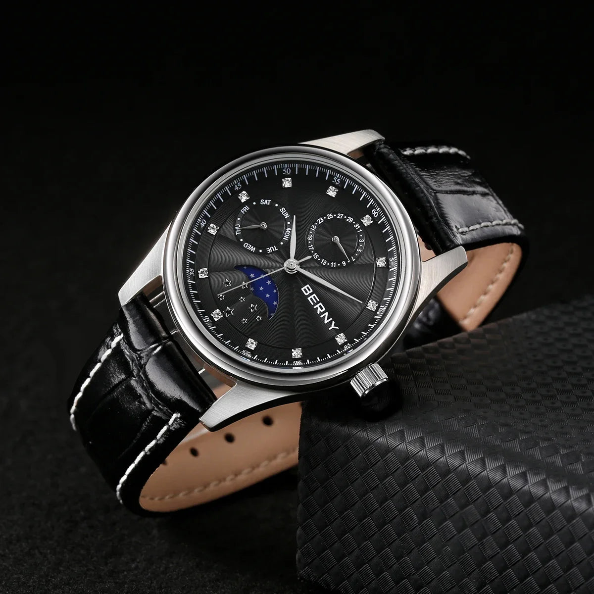BERNY Men's Watch Date Weeks Moon Phase Quartz Watches for Men Stainless Steel Leather Strap Business Wristwatch Male Clock