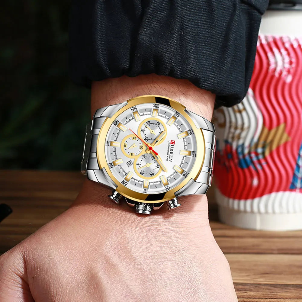 CURREN kronografur til mænd, stor urskive på 48 mm, armbånd i rustfrit stål, tre subskiver, sportsarmbåndsur med kvartsværk, luksuriøs stil