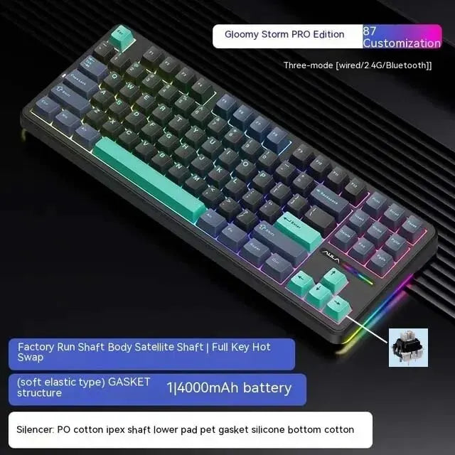 Teclado Mecânico AULA F87 Pro 2.4g/USB/Bluetooth sem fios trimodo, 87 teclas, RGB, PBT, estrutura gasket, 5 camadas de isolamento acústico, teclas completas sem impacto