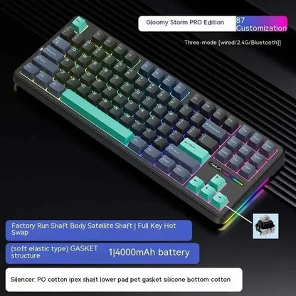 Teclado Mecânico AULA F87 Pro 2.4g/USB/Bluetooth sem fios trimodo, 87 teclas, RGB, PBT, estrutura gasket, 5 camadas de isolamento acústico, teclas completas sem impacto