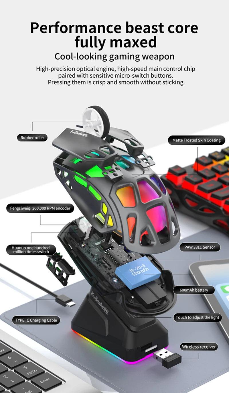 Lenovo Tri-Mode Gaming Mouse Wireless with RGB Charging Dock, 12000DPI Ergonomic Rechargeable Mouse, Bluetooth 2.4G USB Mouse for PC Laptop