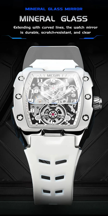 MEGIR Fashion Sport Alloy Case Men Mechanics Watch Waterproof Silicone Band Barrel Shaped Dial Luminous Pointer Man Wristwatches