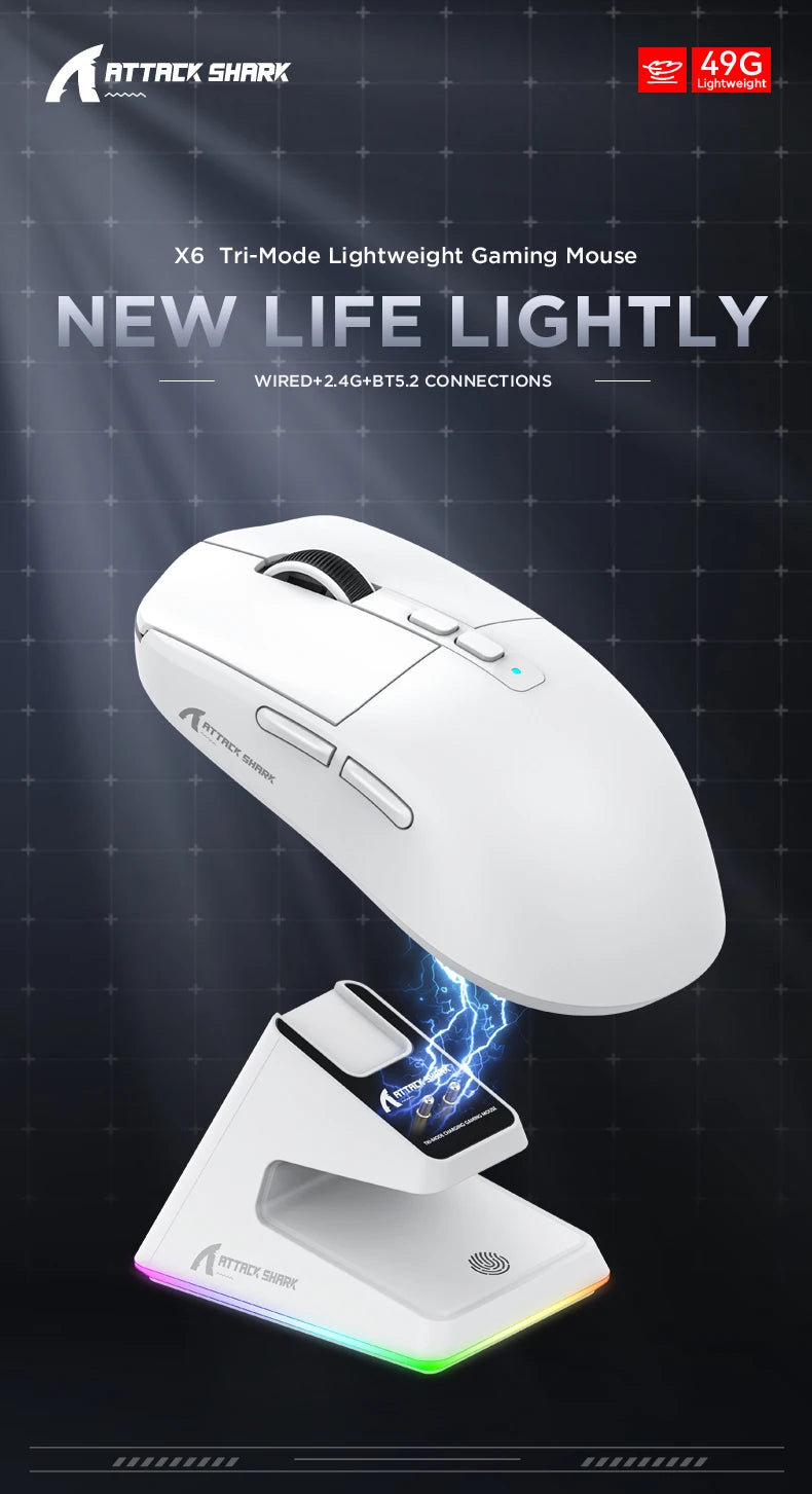 ATTACK SHARK X6 Tri-Mode Gaming Mouse with Magnetic Charging Dock, PixArt PAW3395 Sensor, 26K DPI, 49g Ultralight Wireless Gaming Mouse for PC & Mac
