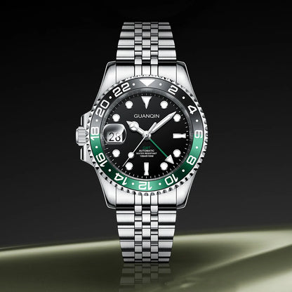 GUANQIN GMT Reloj para hombre 2025 nuevo reloj automático para hombre NH34 reloj mecánico de pulsera con cristal de zafiro y acero inoxidable para mano izquierda