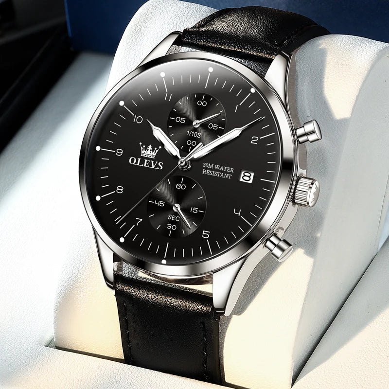 OLEVS 2880 Herrenuhr – Eleganter, schlichter Chronograph, Lederarmband, automatische Datumsanzeige, wasserdicht, leuchtende Zeiger, Quarzwerk.