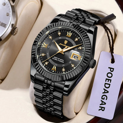 POEDAGAR herenhorloge – Luxe model, waterdicht, van roestvrij staal, met lichtgevende wijzerplaat, militaire stijl, datumfunctie, quartz uurwerk, ideaal voor op het werk of bij zakelijke gelegenheden.