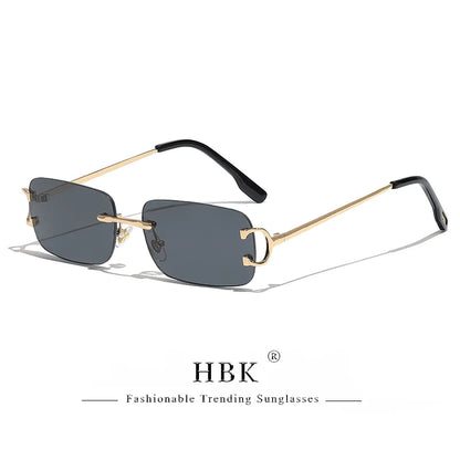 HBK Retro Rimless Sunglasses For Women Men Small Square Gold Frame Brand Design Tea Shades Rectangle UV400 Zonnebril Eyewear