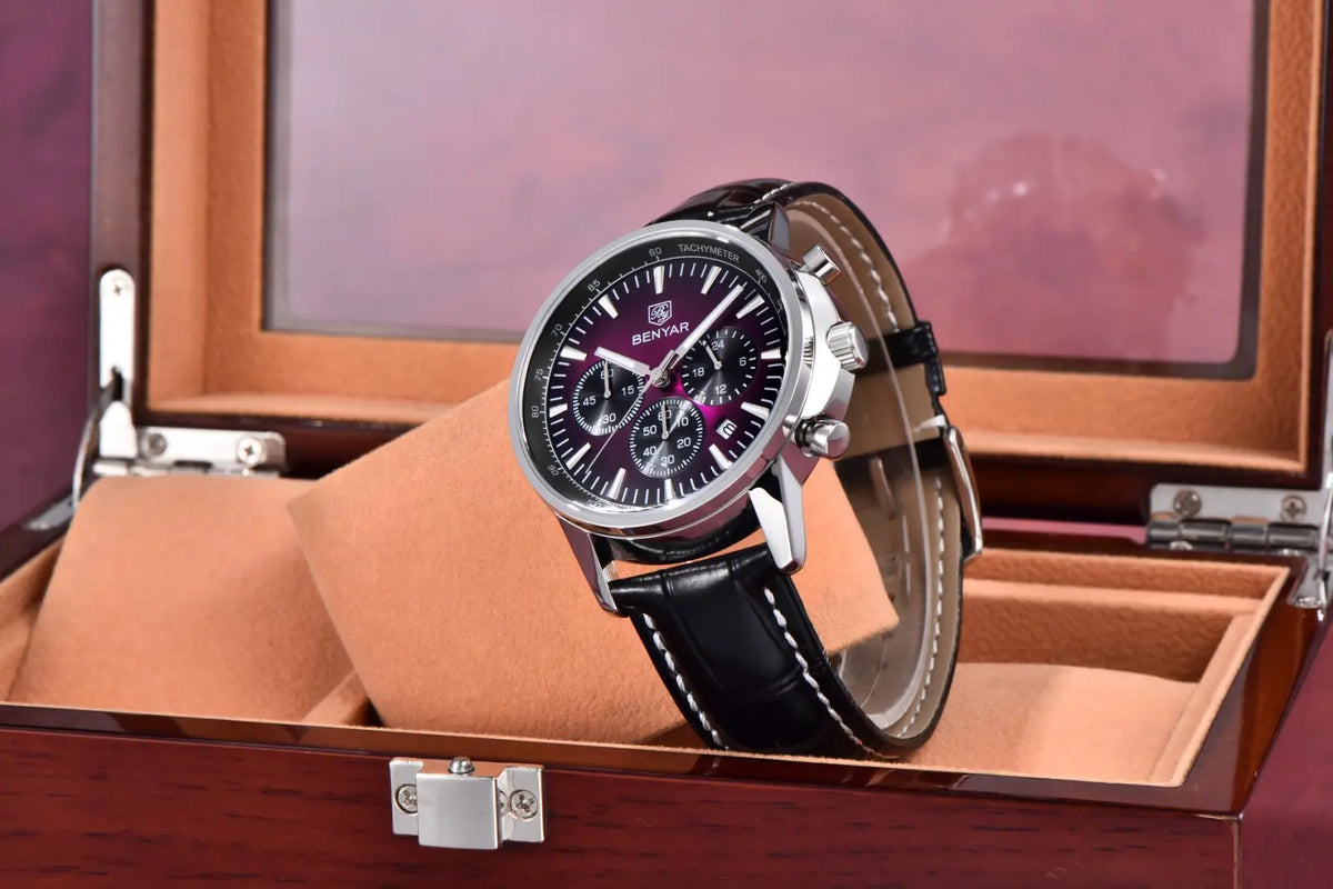 Benyar Luxus-Herrenuhr – Chronograph mit Datumsanzeige, Lederarmband, wasserdicht, leuchtend, sportlicher und militärischer Stil, Quarzuhr