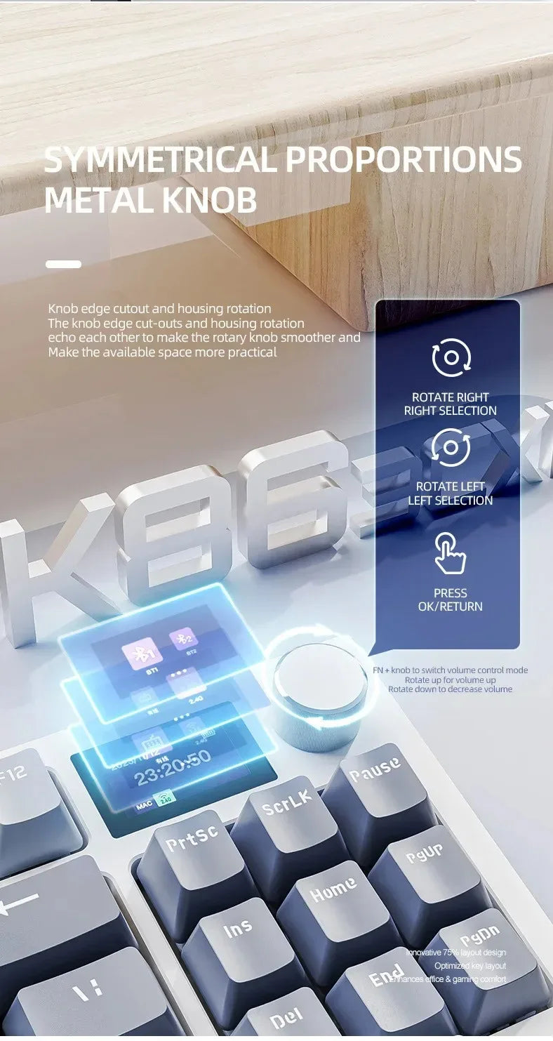 Attack Shark K86 Wireless Mechanical Keyboard, TFT Display, Metal Knob, RGB Backlit, Hot-Swappable, Bluetooth for Gaming & Office