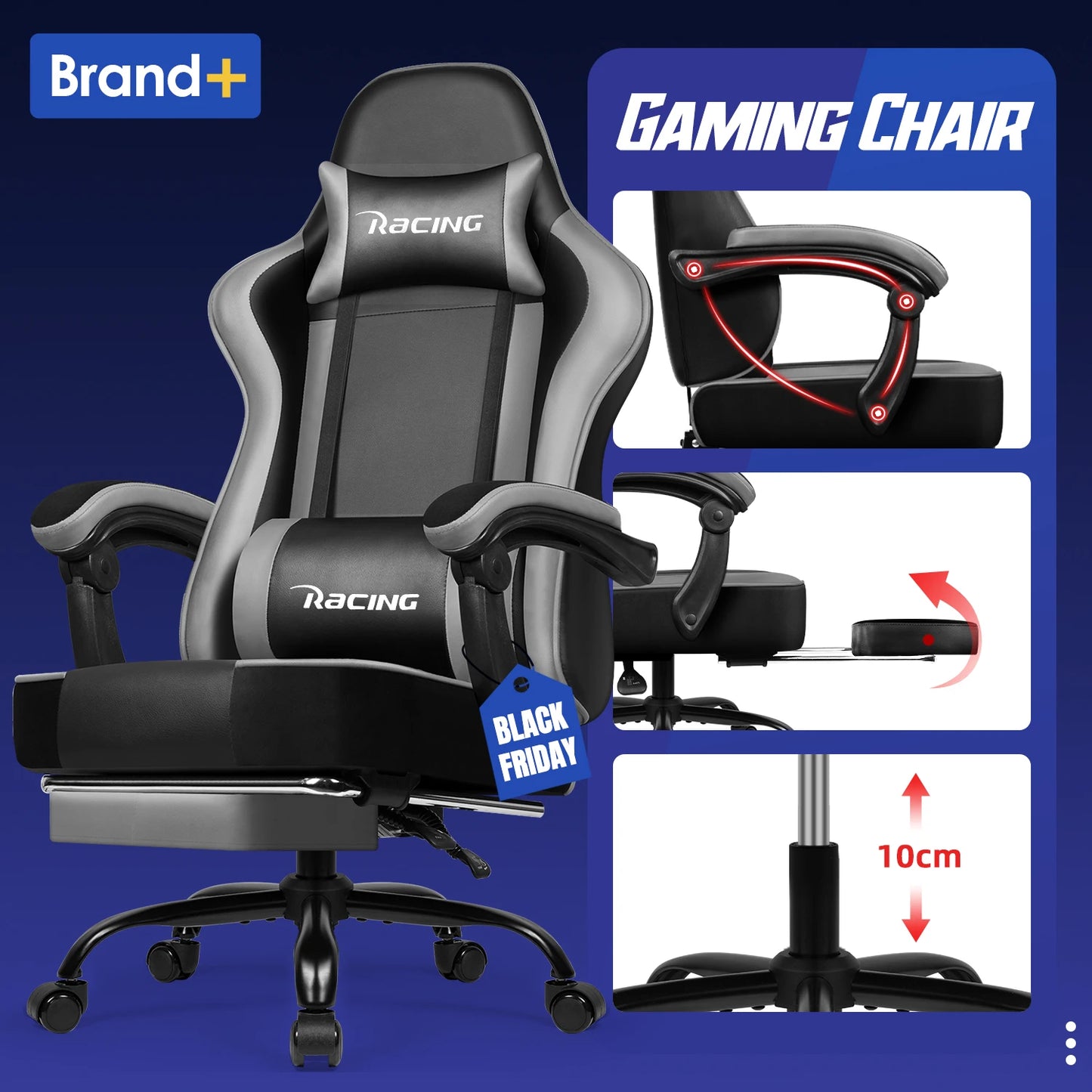 AUTHMIC Ergonomic Gaming Chair with 170° Reclining Backrest, Foldable Footrest, Soft Armrests, Supports 150kg, Breathable Material