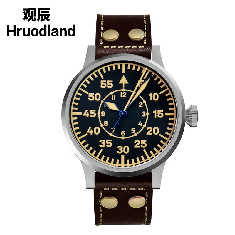 Hruodland Pilot Men's Automatic Mechanical Watch PT5000 Sapphire Luminous C3 Stainless Steel Waterproof 10Bar Men's Watch