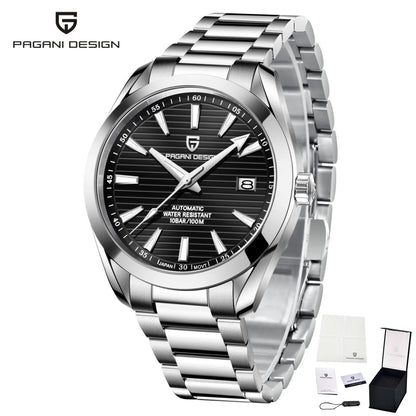 Luxusuhr für Herren von PAGANI DESIGN – Mechanisches Automatikmodell (Kaliber 8215), aus Edelstahl, wasserdicht, mit Datumsanzeige und leuchtenden Zeigern
