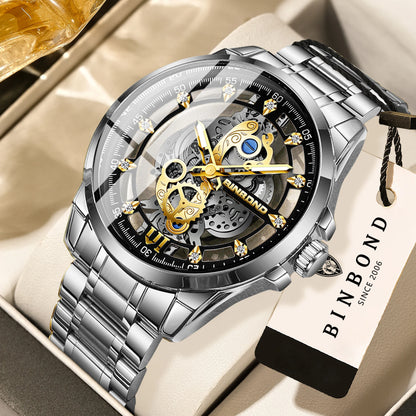 Montre-bracelet à quartz vintage ajourée BINBOND pour homme, lumineuse, étanche, précise et durable, style décontracté.