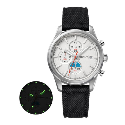 BERNY Chronograph Watch for Men/Women 37mm Dial Woven Fabric Sapphire AR Coated 5ATM Fashion Sport Calendar 316L Couple Watch