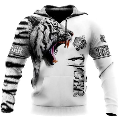 Fashion Herbst Löwe, Wolf Hoodies Weißer Tigerfell-3D-Allover-Print Herren-Sweatshirt Unisex-Pullover Freizeitjacke