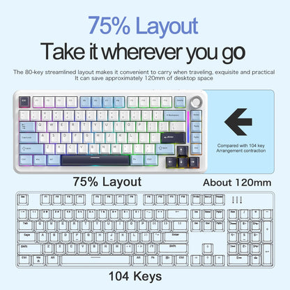 F75 Mechanical Keyboard FREEWOLF 81 Keys Layout Metal Knobs PBT Keycaps,Fully Hot-swappable Keys RGB Multi-color Backlighting