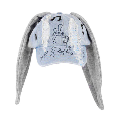 New MinJi Haerin OMG Stage Long Rabbit Ear Hat Y2K Style Denim Blue Baseball Cap Fashion Hip-Pop Cap Couple Birthday Gifts