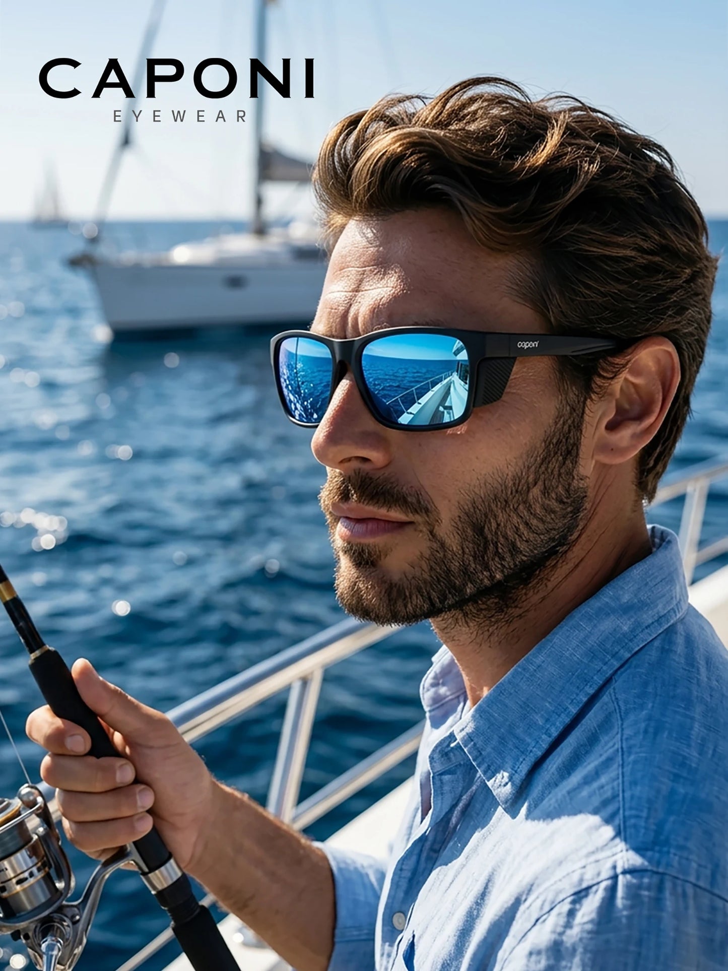 CAPONI Polarized Men Sunglasses Outdoor Sport Fishing Sun Glasses Square Anti-Oil and Water Blue HD Lenses Black Shades CP36505