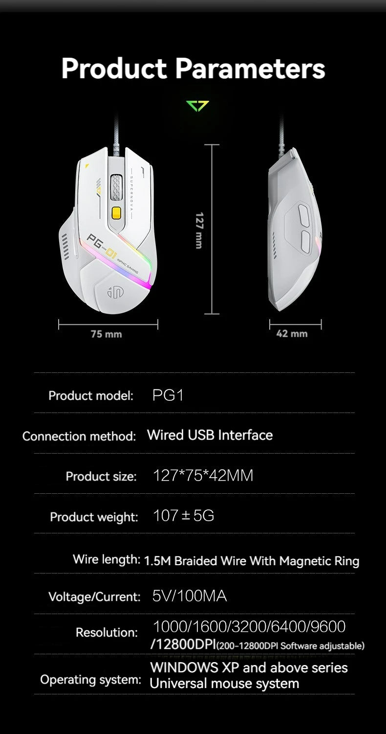 Inphic Pg1 Wired Gaming Mouse, RGB Light Emitting, Macro Programming, 12800 DPI, 6 Keys, Computer Mouse, 1000Hz Polling Rate