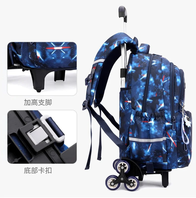 Mochila com Rodas Fortnite Anime, Impermeável, de Grande Capacidade, para Estudante — Saco Escolar Casual de Viagem com Carrinho e Subida Fácil de Escadas