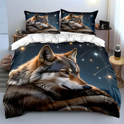 Set di biancheria da letto stampato con lupo su sfondo stellato, 1 copripiumino e 2 federe, per adulti e bambini, regalo di lusso, Full Size