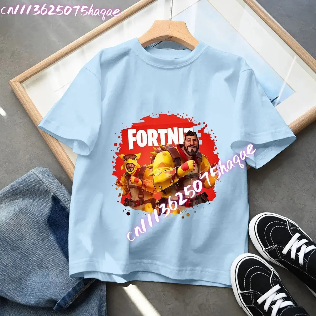Camiseta azul de algodón para niños Fortress Night, manga corta, diseño kawaii de dibujos animados para niño y niña, ropa de verano, regalo