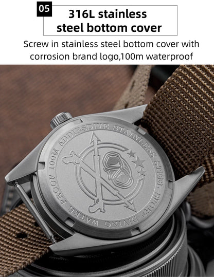 Relógio analógico masculino ADDIESDIVE 36mm com vidro espelhado bolha, 100m à prova de água, luminoso, simples, em quartzo, com bracelete em nylon