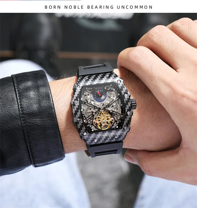 Tourbillion Mechanical Watch for Men Silicone Strap Skeleton Tonneau Automatic Mens Watches Top Brand Luxury Reloj Hombre