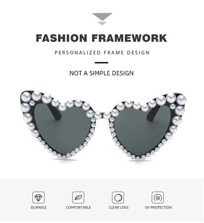 New In Luxury Fine Shimmering Love Pearl Sun Glasses Women Heart Glasses Casual Bling Sunglasses Lentes De Sol Mujer