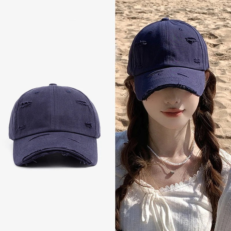 Men's and women's new spring and summer hip-hop versatile soft top curved eave retro personality distressed hole duckbill hat