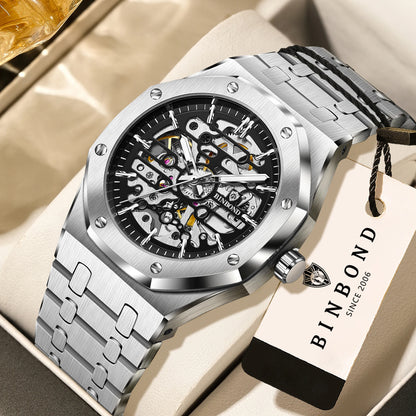 Montre mécanique squelette de précision BINBOND pour homme, montre de luxe lumineuse, étanche, automatique, en acier inoxydable robuste.
