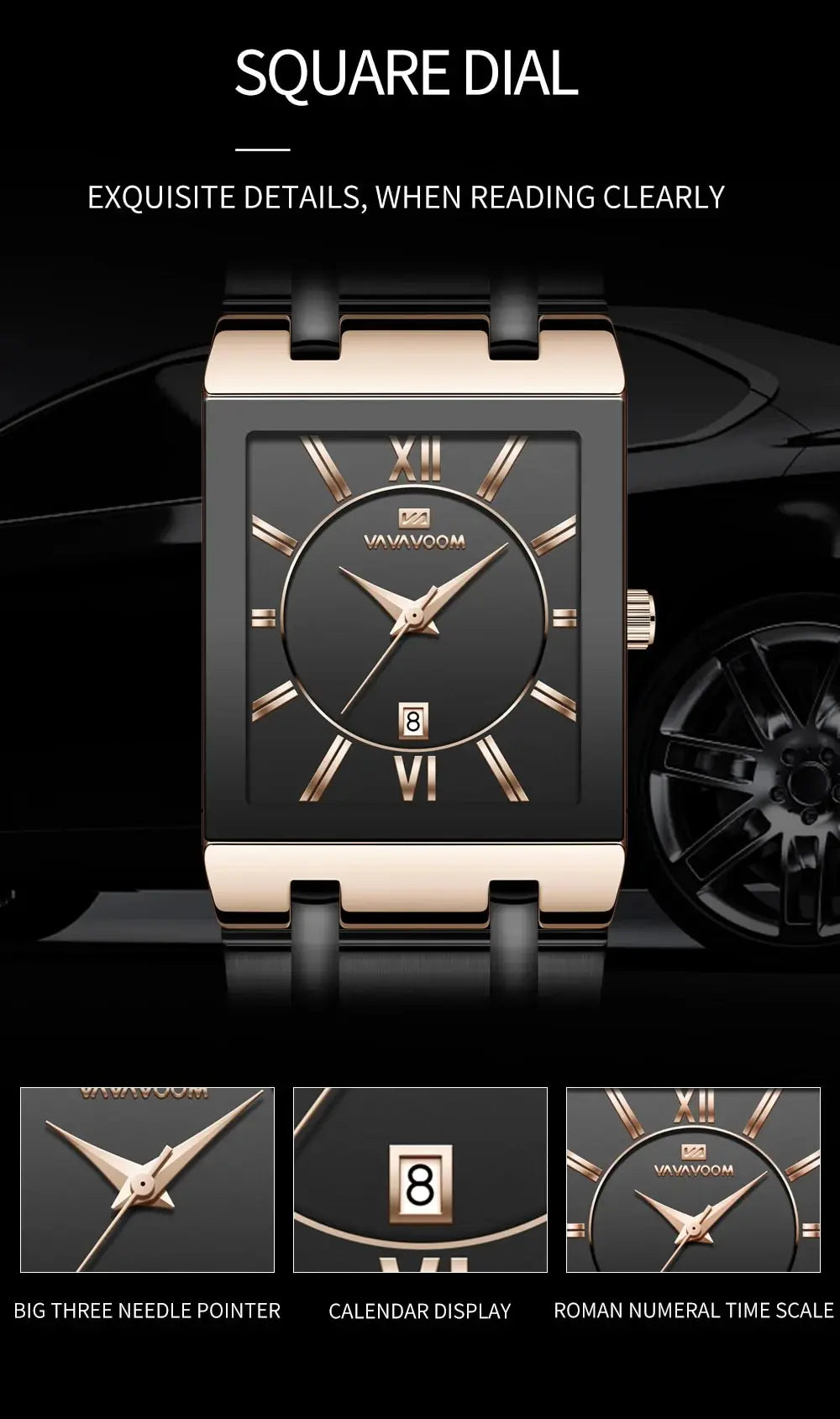 Men Business Watch Simple Design Luxury Fashion Rectangular Black Gold Stainless Steel Calendar Waterproof Quartz Men's Watches