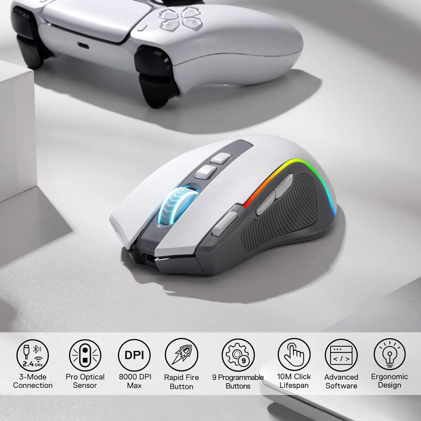 Redragon M612 PRO RGB BT 2.4G Ratón gaming gamer, óptico inalámbrico de 8000 DPI, 9 botones programables, 7 modos de retroiluminación, B
