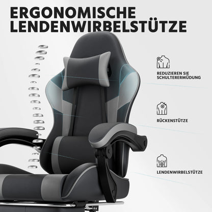 Comanlai Gaming Chair with Footrest Ergonomic High Back Computer Chair with Adjustable Headrest Lumbar Support PU Swivel Chair