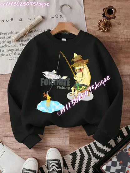Sweat-shirts Fortnite novos para criança, hoodie com estampado de personagem de jogo em estilo cartoon, camisolas casuais de outono para criança, roupa de inverno para bebé menino
