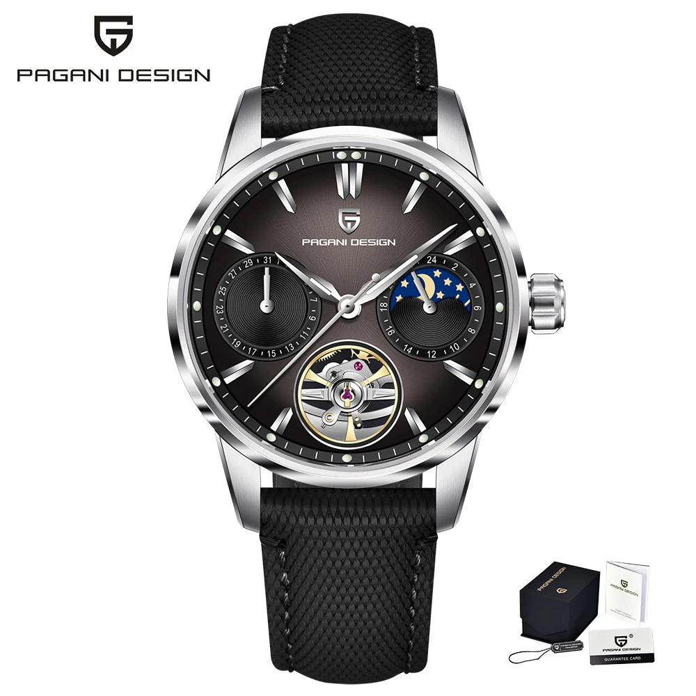 PAGANI DESIGN – Luksuzna mehanska ura za moške, 41 mm, safirno steklo, usnjena zapestnica, vodotesna, v pilotskem slogu, s turbijonom in prikazom lunine faze