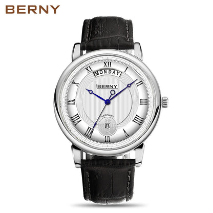 Montre à quartz pour homme BERNY, équipée d'un mouvement Miyota VJ55, modèle de luxe de haute qualité avec affichage du jour, boîtier en acier inoxydable, verre saphir et étanchéité.