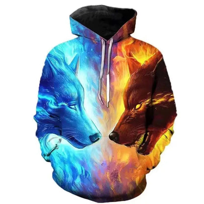Sweatshirt com capuz masculina Lover Wolf, nova moda de outono 2023, padrão 3D, corte solto, estilo streetwear divertido de marca
