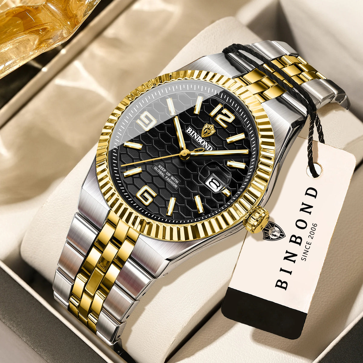 BINBOND lyxigt kvartsarmbandsur, självlysande, vattentätt, automatisk datumvisning, för män, i stål, i affärs-, sport-, mode- och fritidsstil.