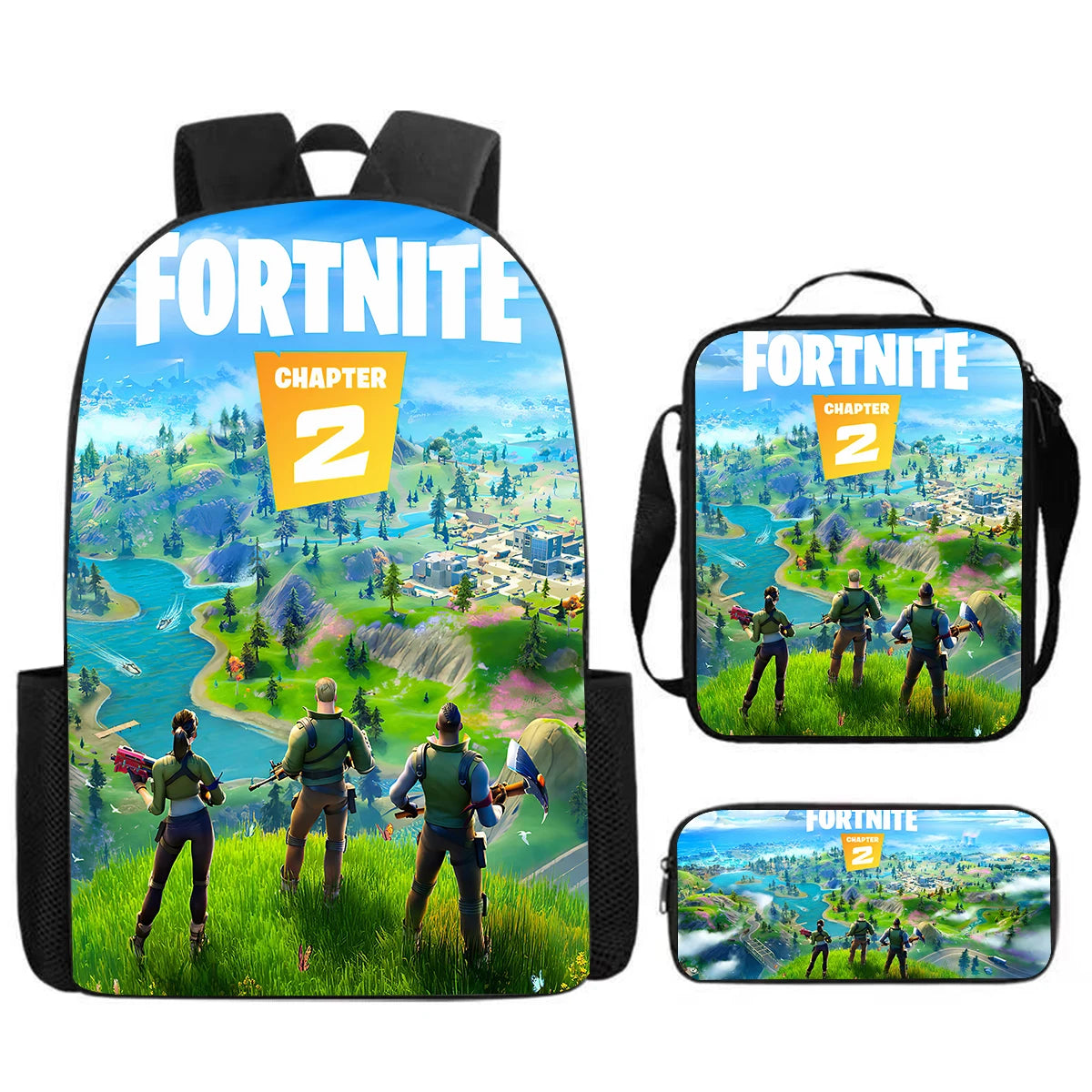 Set Fortnite Cartoon de 3 piezas, gran capacidad, adecuado para niños y niñas de 5 a 8 años, incluye mochila, bolsa para comida y estuche para lápices