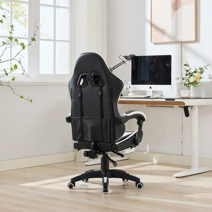 360° Swivel Ergonomic Racing Design Gaming Chair Leather High Back Office Chair Height Adjustable Task Chair, Black & White